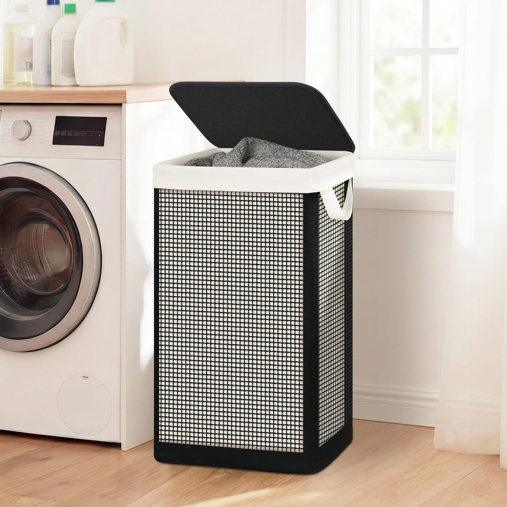 Laundry Hamper with Lid, 90L Sturdy Steel-Frame Clothes Hamper with Removable Washable Liner, Breathable Large