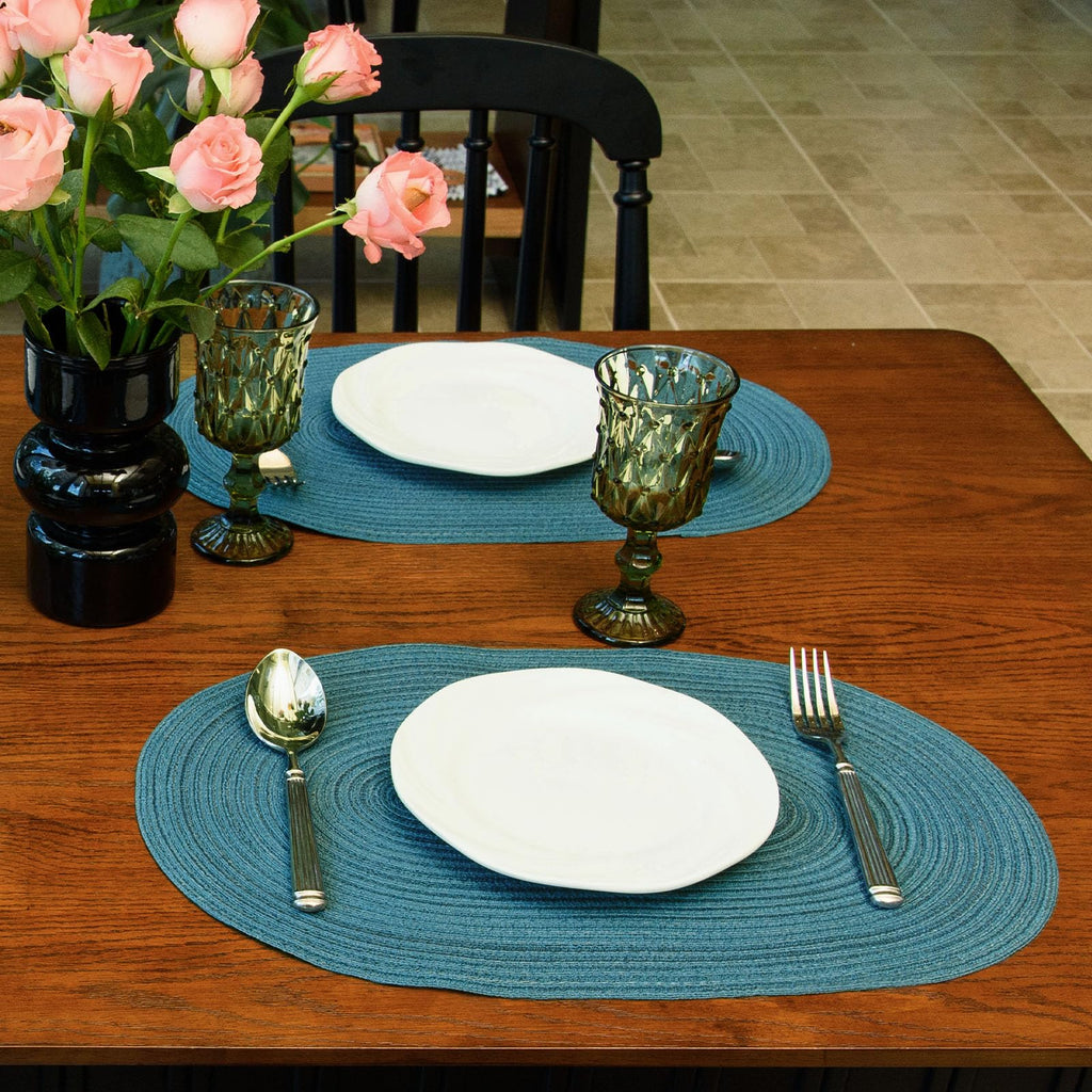 Placemats Set of 6, Woven Oval Braided Dining Table Mats(Teal Blue)