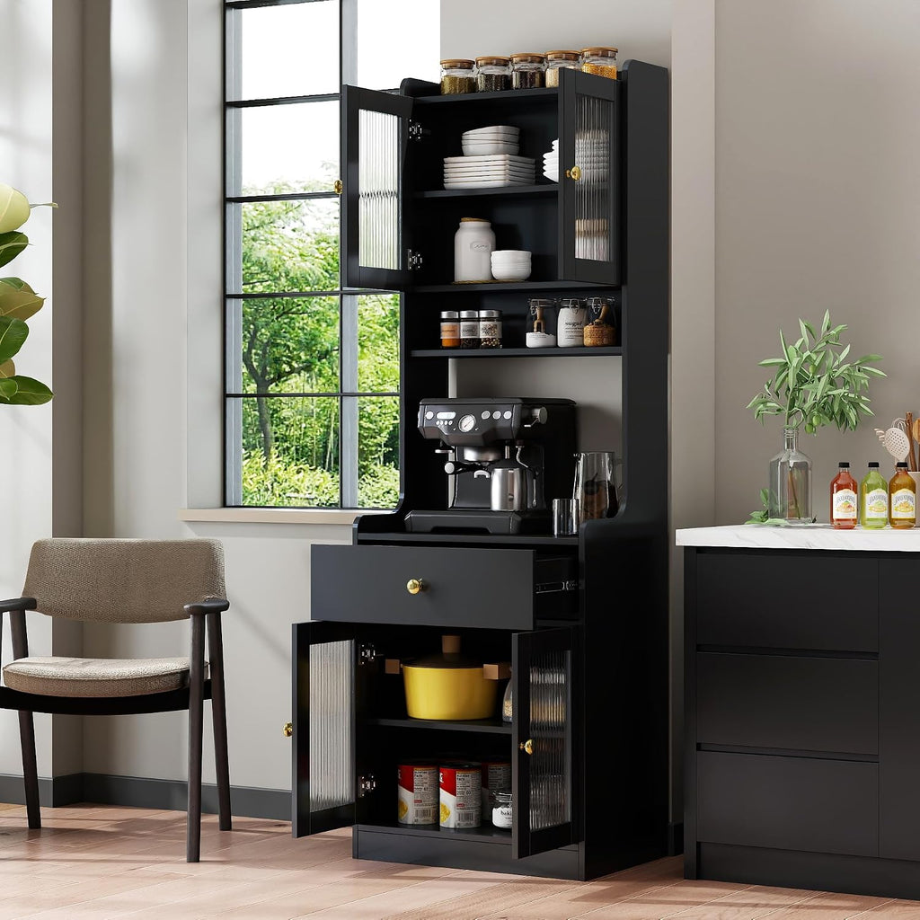 70.87" Tall Kitchen Pantry Storage Cabinet with Countertop, Glass Doors, Drawers, Microwave Stand and Shelves