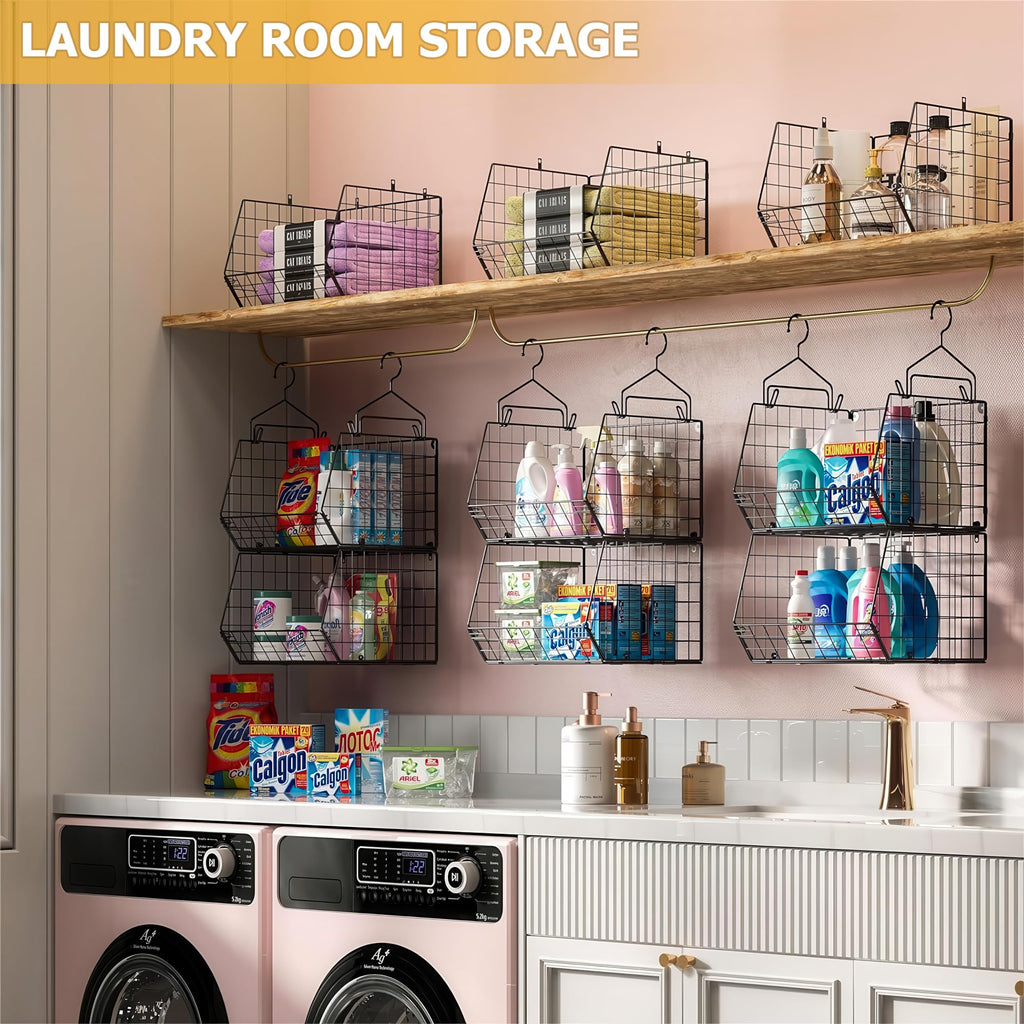 3-Tier Hanging Closet Organizer, Laundry Room Organization | Space Saving Shelves with 1.65" Hook & 5 S-Hooks |