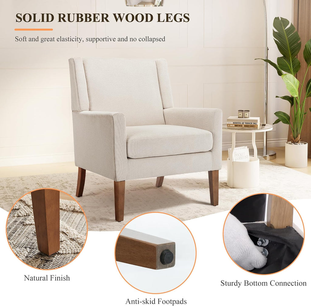 Living Room Chair, Wingback Mid-Century Accent Chair - Comfy Single Sofa with Solid Wood Legs & Velvet-Like Fabric