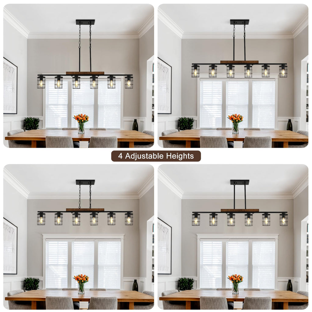 6-Light Farmhouse Kitchen Light Fixture, Rustic Wood & Metal Cage