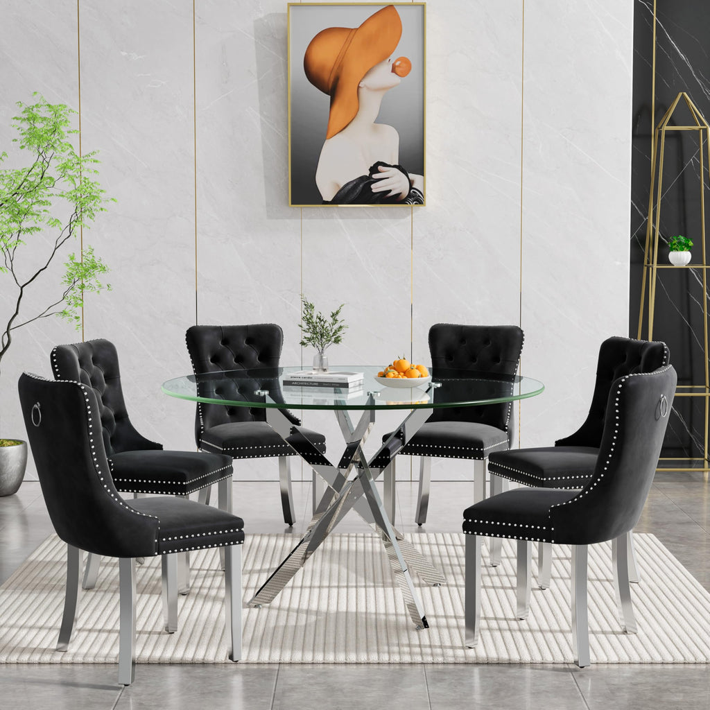 7-Piece Round Glass Dining Table Set for 6, 47" Circle Kitchen Table with 6 Black Velvet Chairs Modern Silver Glass