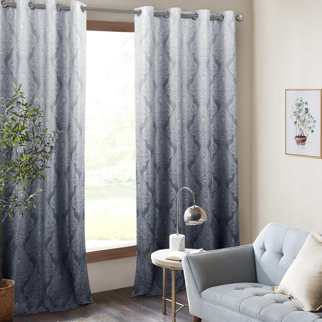 Ombre Blackout Curtains - Damask Patterned Thermal Insulated Energy Saving Grommet Curtains, Gradient Window Curtain