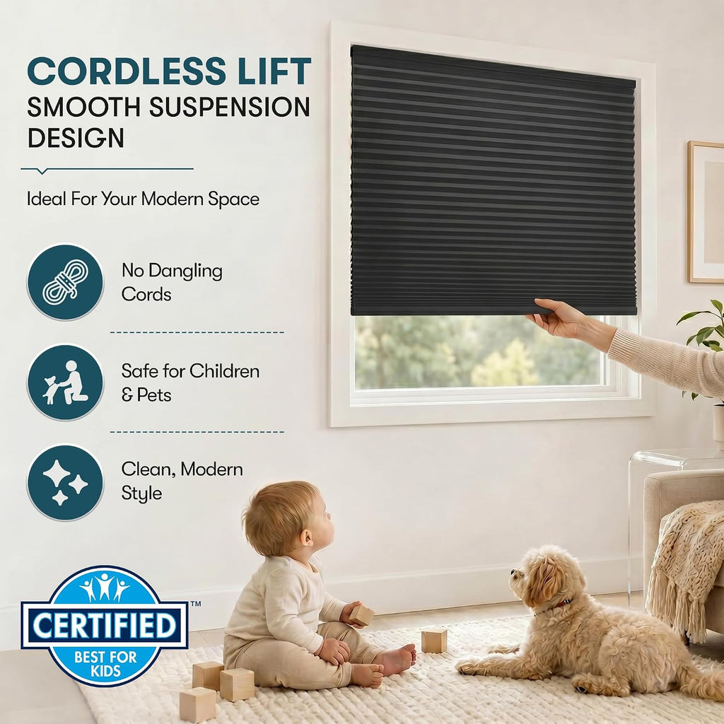 No Drill Cordless Cellular Shade, Black, 19" W x 64" H