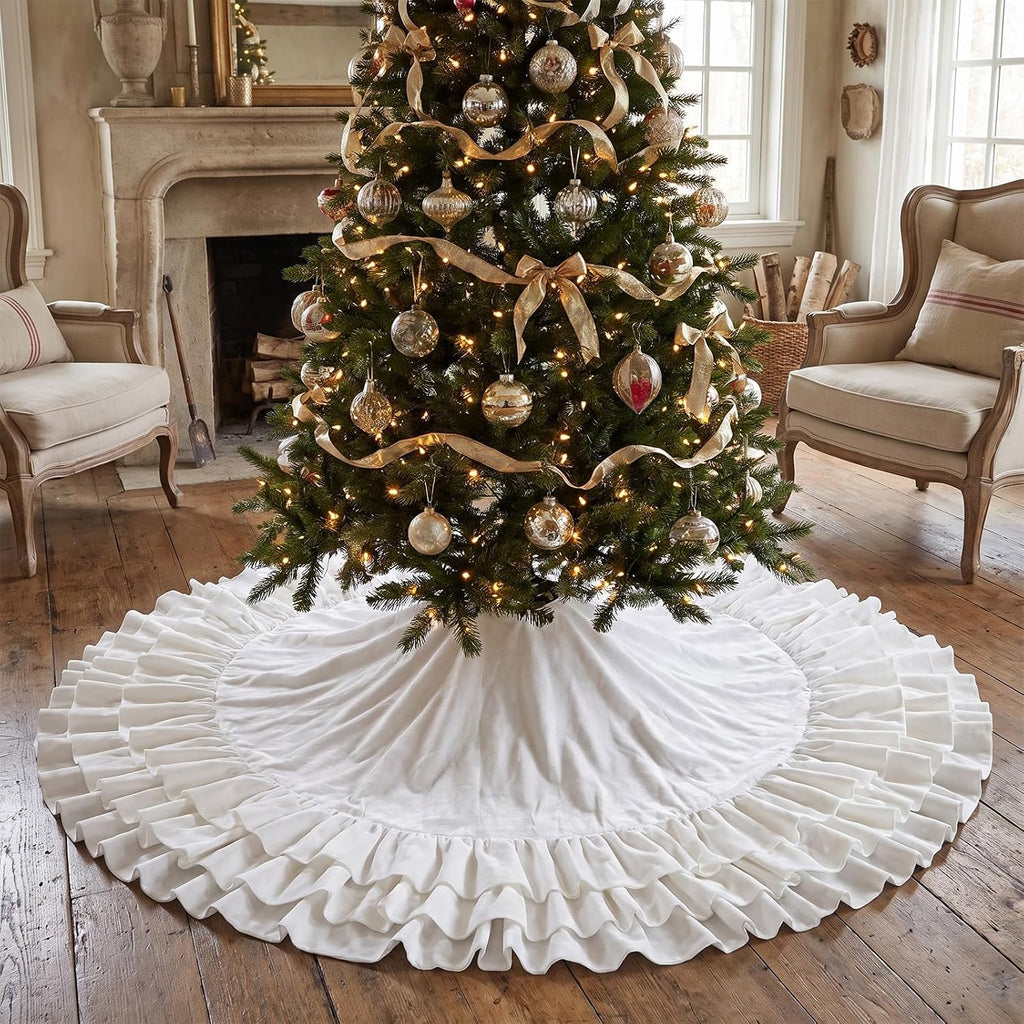 48 Inch Ruffled Velvet Christmas Tree Skirts White Tree Skirt