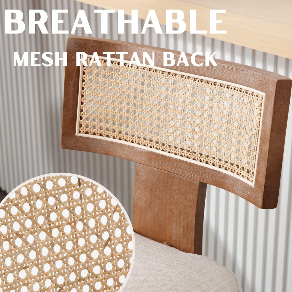 Rattan Dining Chairs Set of 2, Modern Dining Chairs, Kitchen Dining Room Chair, Curved Cane Back Upholstered Linen