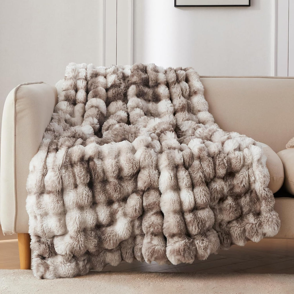 Faux Fur Throw Blanket, Cozy Soft and Fuzzy Plush Rabbit Fur Bubble Blanket, 50x60 Inches Tie Dye Brown