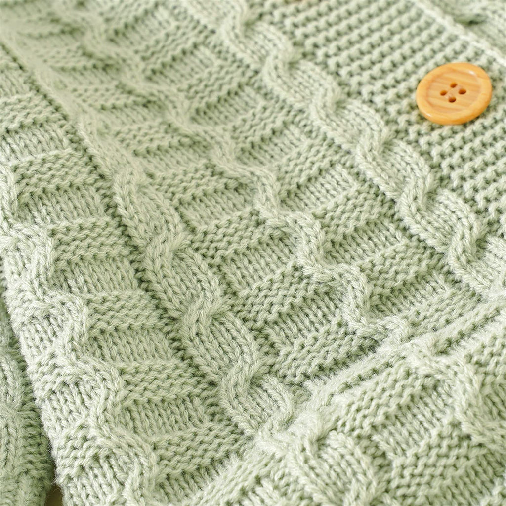 Baby Cable Knit Romper Set Front‐Button Jumpsuit with Pom‐Pom Beanie