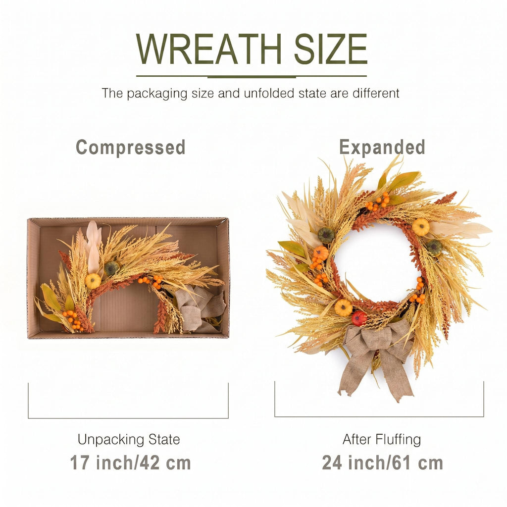 DecorbyHannah 24'' Fall Wreath for Front Door with Lights & Burlap Bow