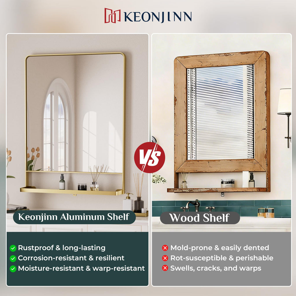 18" x 28" Gold Bathroom Mirror with Shelf, Rounded Corner