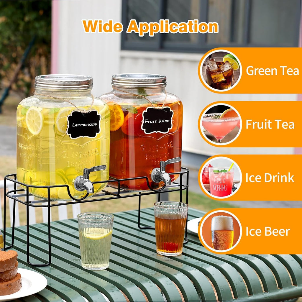 1.6 Gallon Glass Drink dispenser, Beverage Dispenser With Stand, Lemonade Dispenser with Stainless Steel - Set of 2