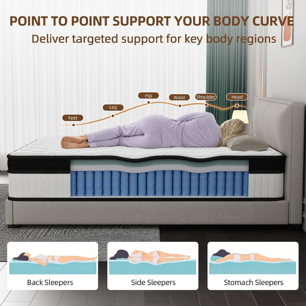 12 Inch Hybrid Mattress King Size, Cooling Memory Foam and Pocket Spring Bed in a Box, Medium Firm Support with