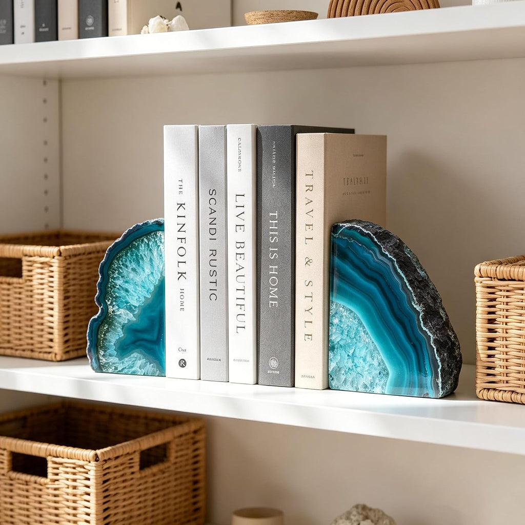 Teal Agate Bookends, Decorative Sturdy Book Ends for Study Shelf | 4-6 Lbs Color-Enhanced Teal, Brazilian Agate