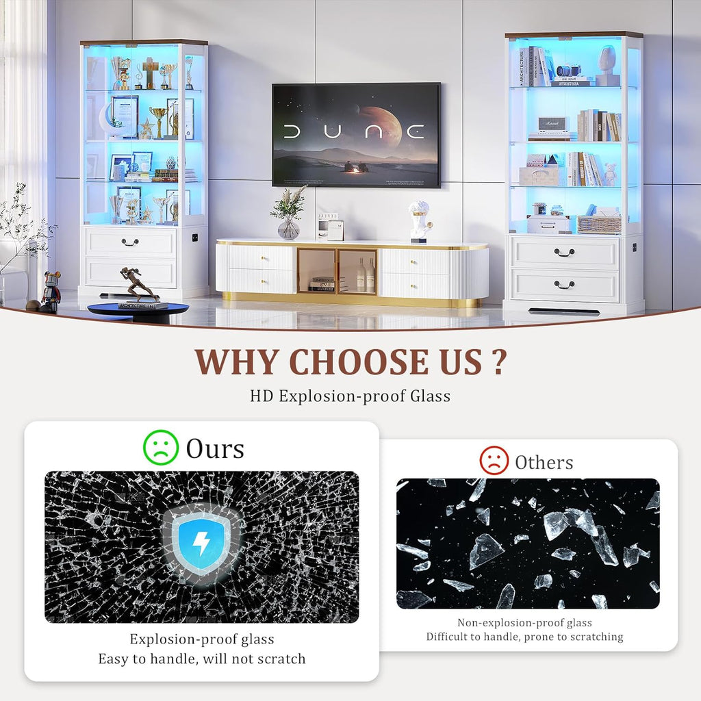 67" Tall Display Cabinet with Glass Doors and 2 Drawers, White | Curio Cabinet with LED Lights, Human Sensor, Display
