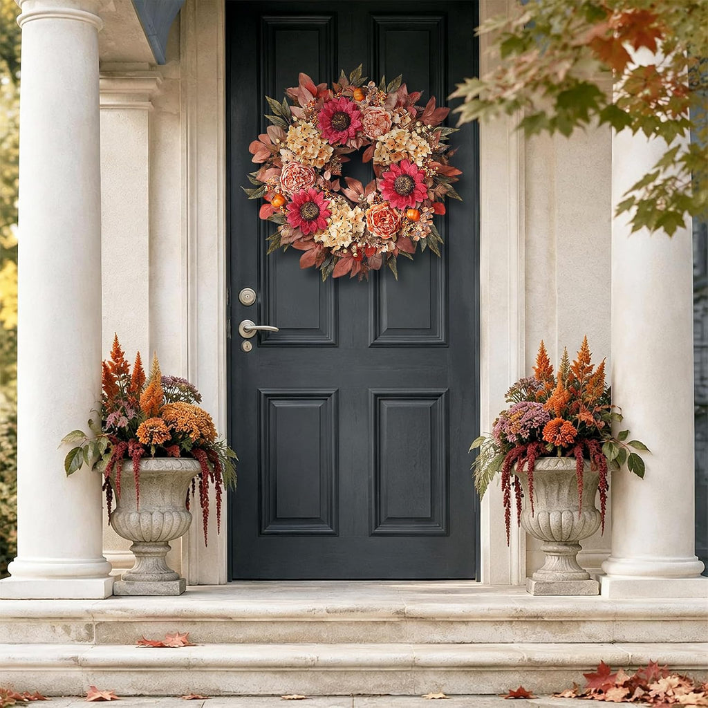 24"Fall Artificial Wreath with Sunflower Peony for Front Door Decor(Orange)