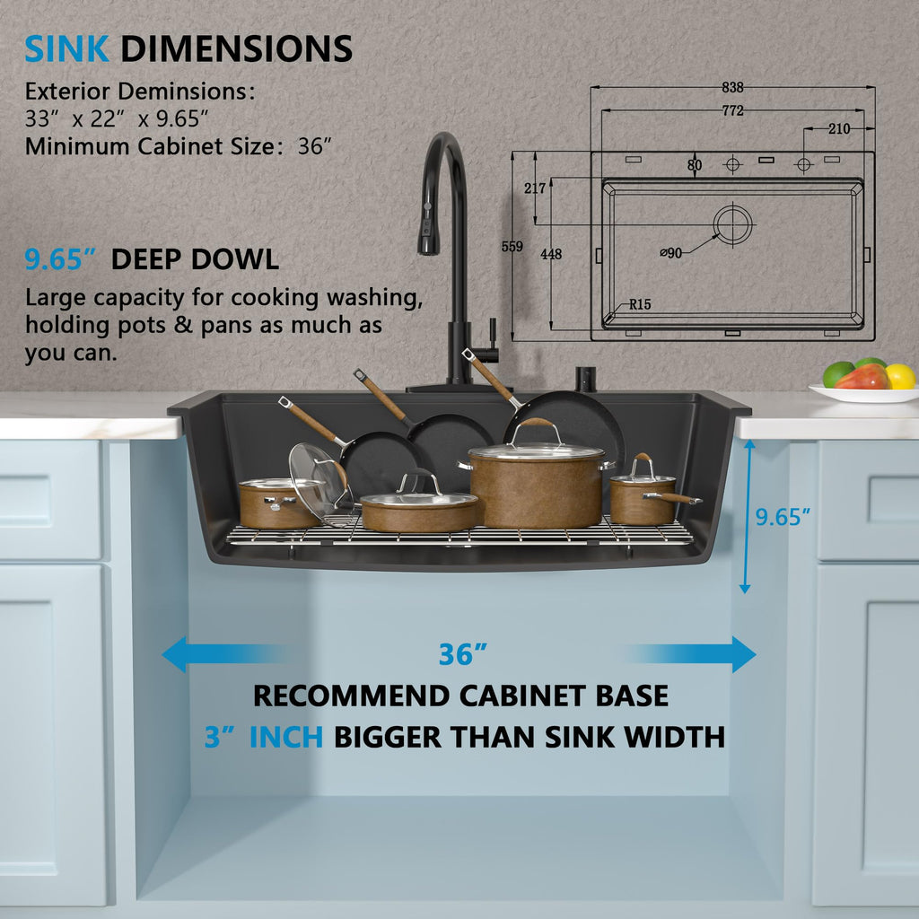 33"x22" Granite Composite - Matte Black Ledge Workstation Drop-In Top Mount Quartz Classic Above Counter Single Bowl