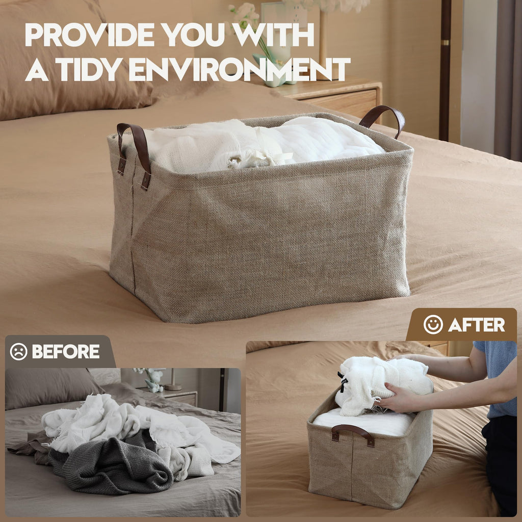Square Jute Storage Basket with Internal Frame Support - Structured Organizer 42x30x25cm for Shelves, Cabinets, Home