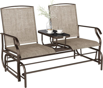 Outdoor Glider Bench with Center Table Metal Frame Armrests Brown | Patio Loveseat, Breathable Mesh Fabric, for