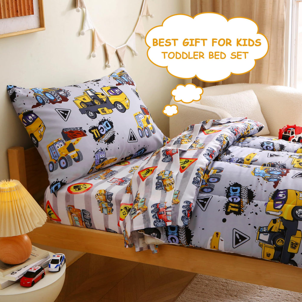 Toddler Bedding Sets for Boys, 4 Pieces Grey Heavy-Duty Vehicles