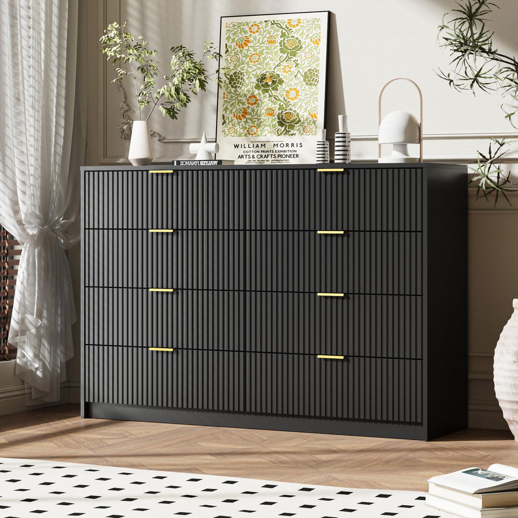 55" Wide Fluted 8-Drawer Double Dresser, Black