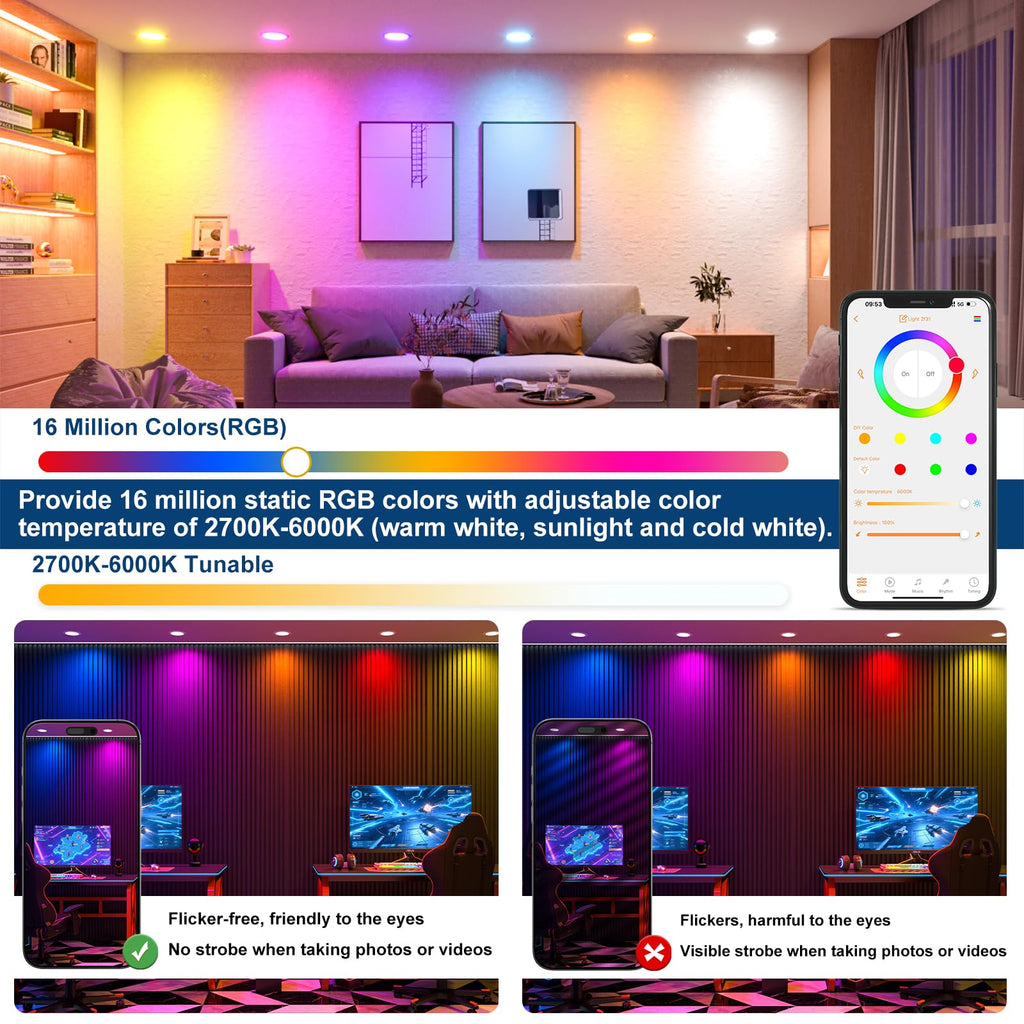 Black Smart Recessed Lighting 4 Inch RGBCW Color Changing 12W LED Downlight with Junction Box,1080 Lumen Recessed