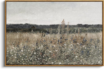 Framed Canvas Wall Art Vintage Decor, Landscape Wall Art, Meadow with Flowers Art, Modern Farmhouse Decor