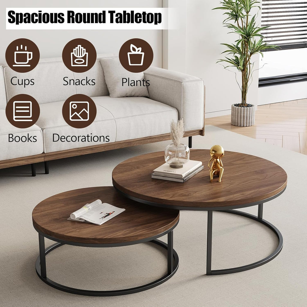 Round Nesting Coffee Set of 2, Modern Minimalist Accent Tables, Stackable Side Tables (Walnut)