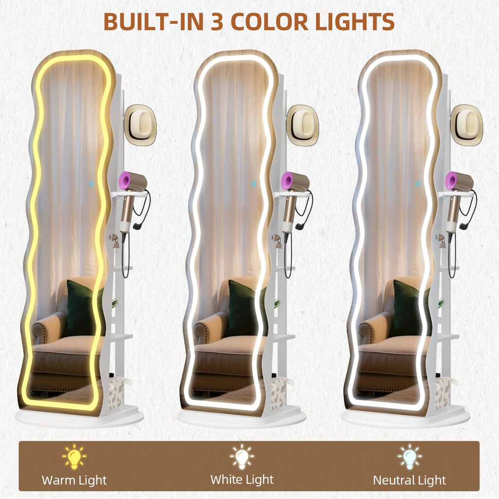 LED Mirror Jewelry Cabinet Standing, 360° Swivel, White