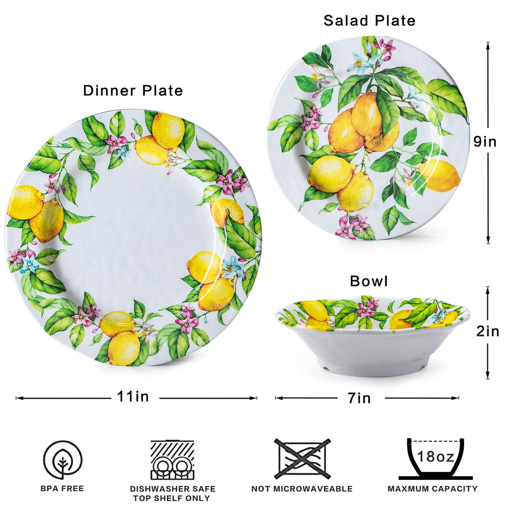Lemon Melamine Dinnerware Dish Sets, 12 Piece Plates and Bowls Sets
