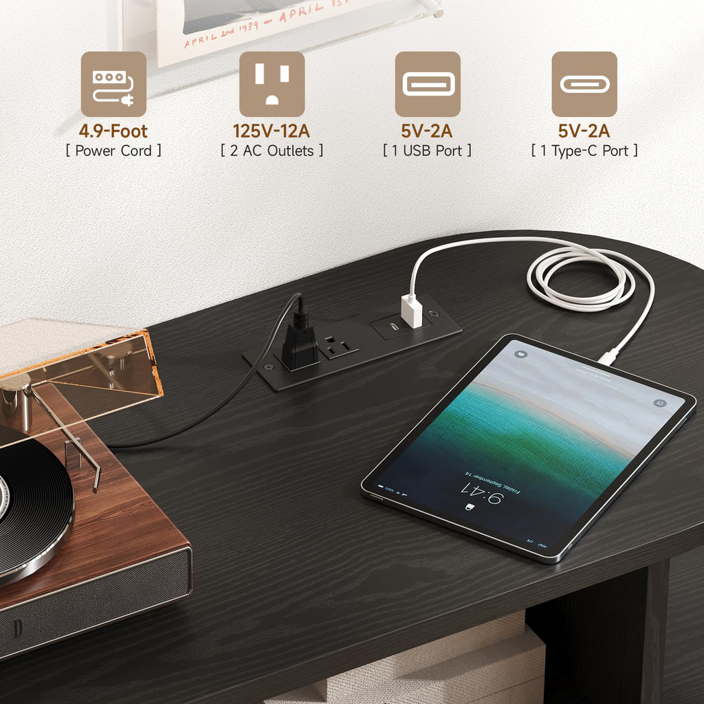55" Large Round Record Player Stand with Charging Station, Black