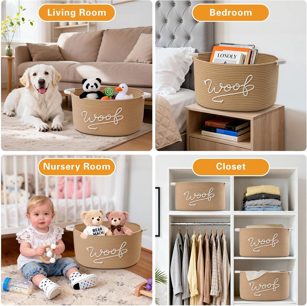 Woof Dog Toy Basket, Large Dog Toy Storage Bin with Durable Handles, Woven Dog Basket for Blankets, Toys, Chews, Pet