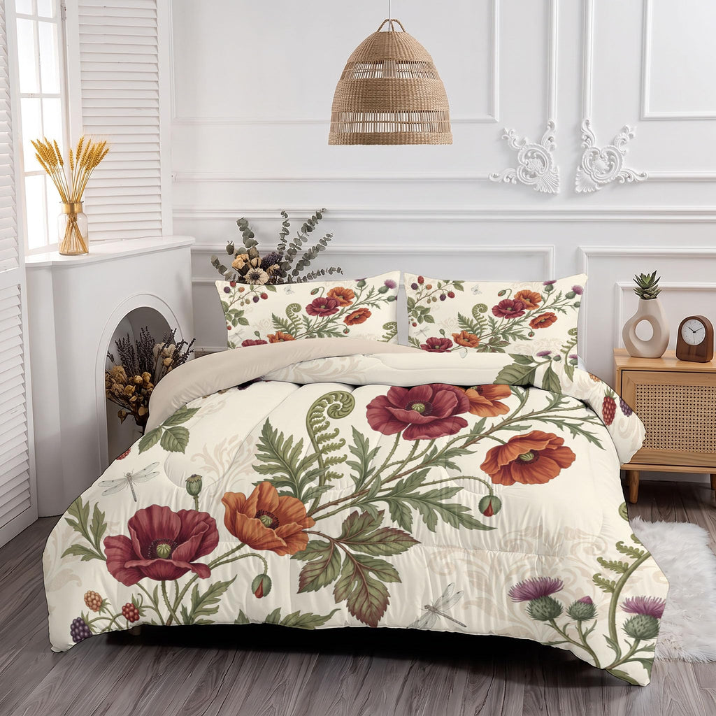 Comforter Set Baroque Floral Brocade Comfortable Microfibre Duvet | Beige Fluffy Bedding Set, Vintage