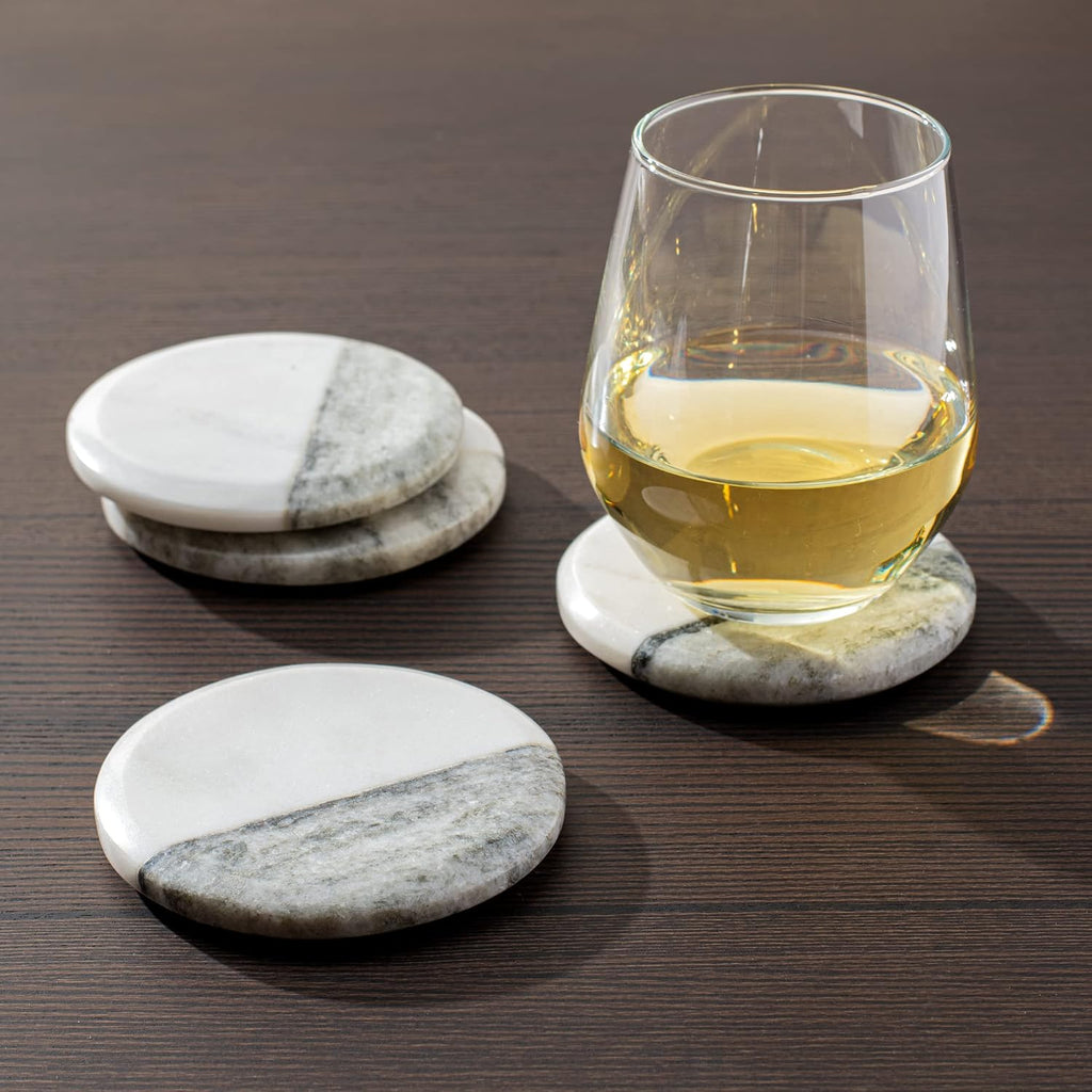Round Marble Coasters for Drinks - Real Solid Marble Coasters for Coffee Table, Contemporary Beverage Holder - Set of 4