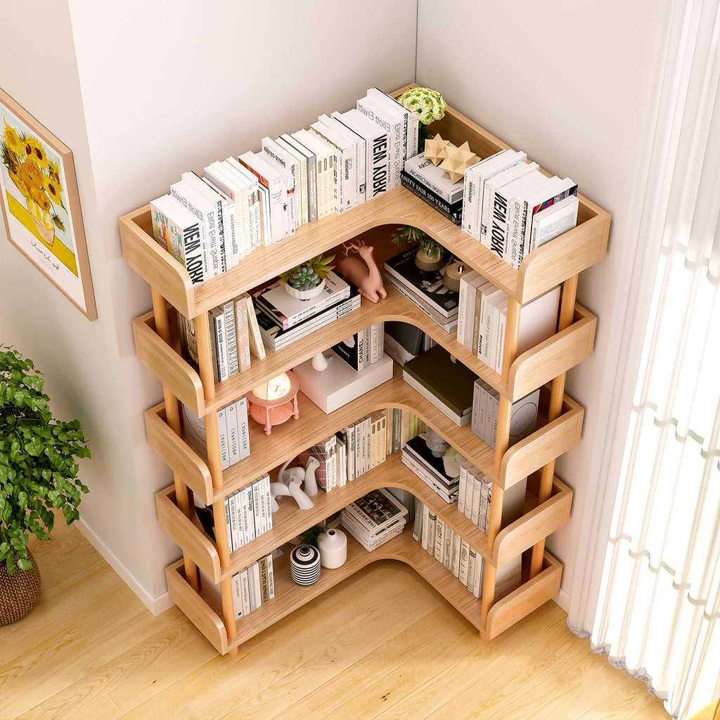 5-Tier Reversible Corner Bookshelf, L-Shaped Shelf, Oak
