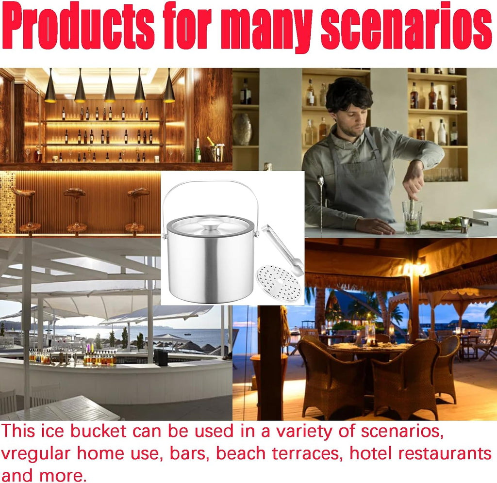 3L Double-Wall Insulated Ice Bucket with Lid, Ice shovel &Tongs and Strainer, Stainless Steel Ice Bath Tub