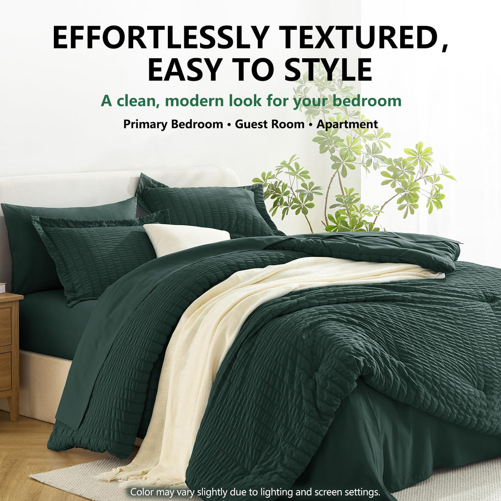 Comforter Set, 7-Piece Seersucker Bed in a Bag, Forest Green