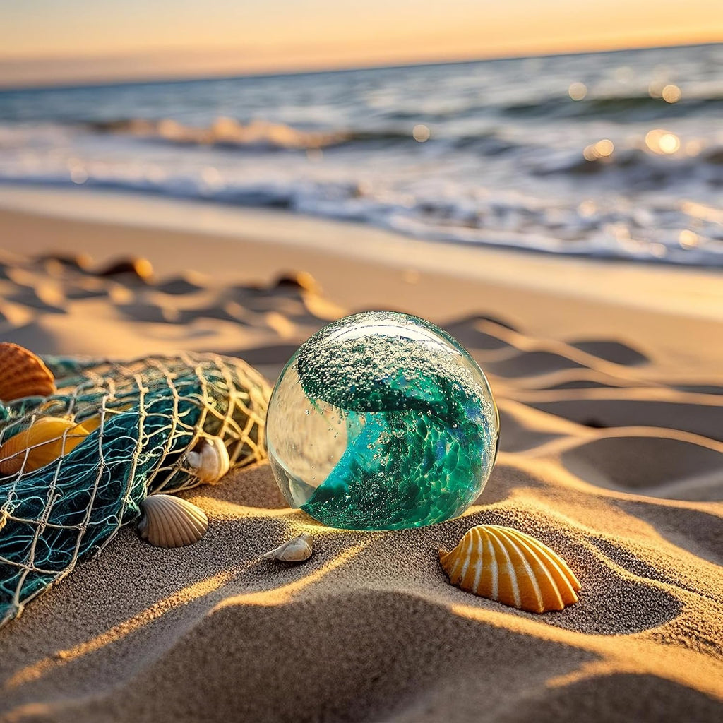 Hand Blown s Ball: Ocean Wave Design Glass Paper Weights, Beach Decorations - Unique Ocean Themed