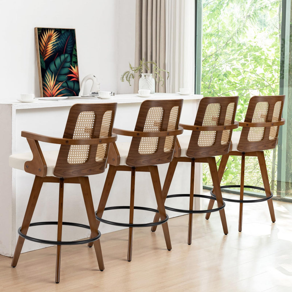 Mid Century Counter Stools, Rattan Swivel Counterstools with Walnut Finish