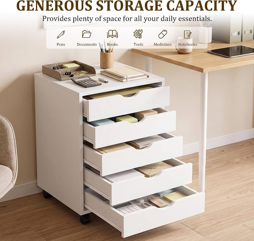 5 Drawer Rolling Storage Cabinet, Mobile File Cabinet , White | Rolling Storage Cabinet with 5 Drawers for Desk