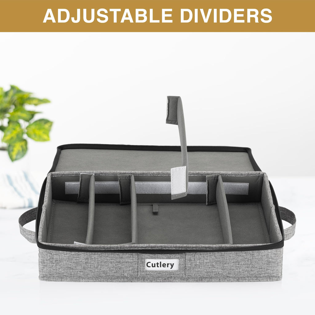 Flatware Storage Case with 5 Adjustable Compartments - Tableware Utensil Chest with Carrying Handles - Protects and