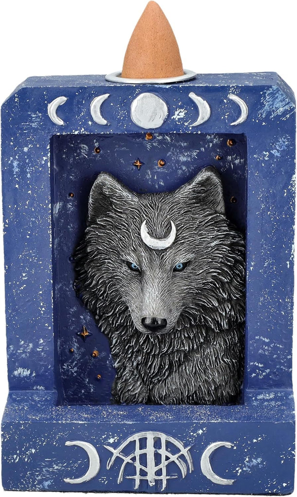 4" Tall Moon Phase Backflow Incense Burner for Spiritual Home Decor, Wolf Figurine