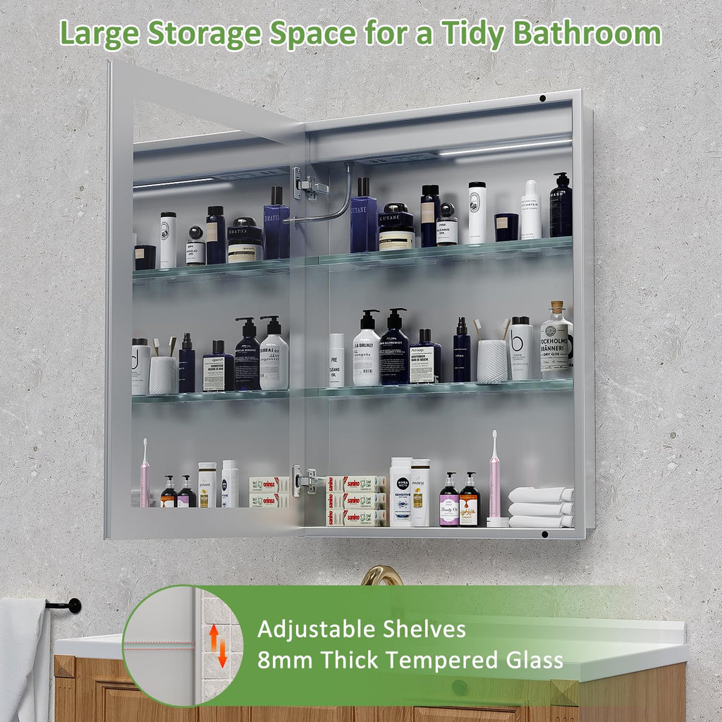 Medicine Cabinet with Lights, Bathroom LED Mirror Cabinet with Storage, Anti-Fog & 3 Color Lights, Recessed or Wall