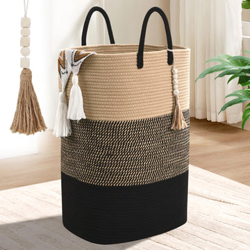 Woven Laundry Basket for Clothes, 80 L Large Rectangle Laundry Hampers with Beads Tassel, Nursery Storage Basket for