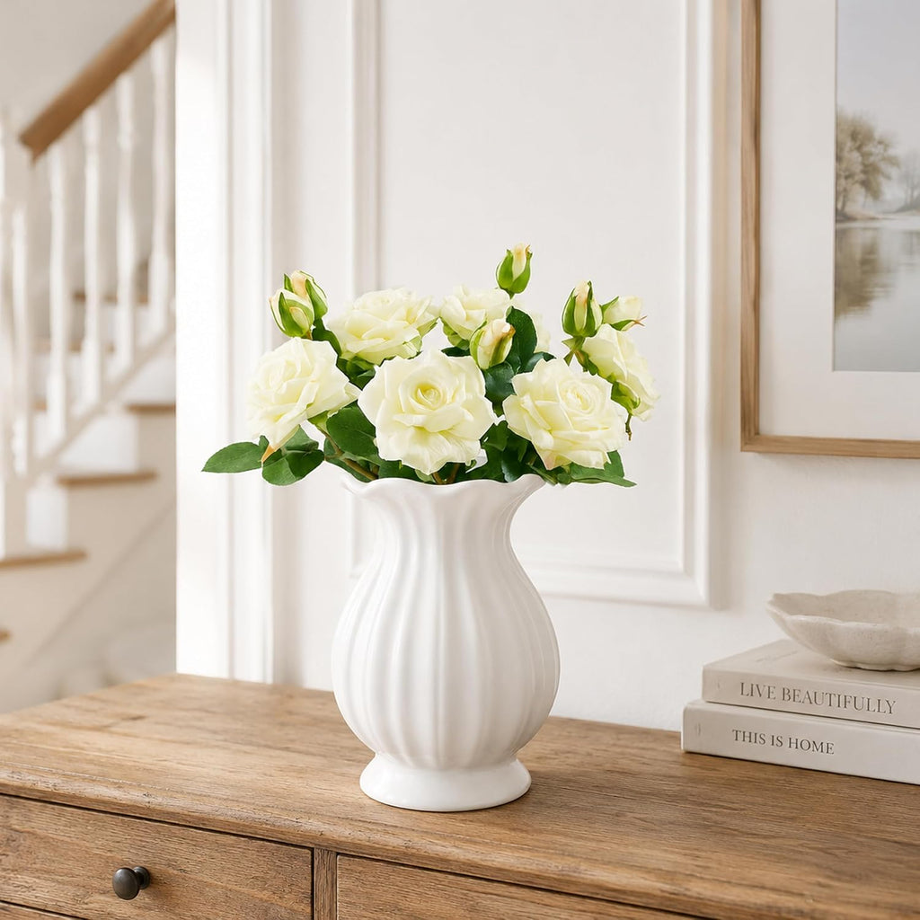 White Ceramic Vase, 7.8 Inch Farmhouse Flower Vase