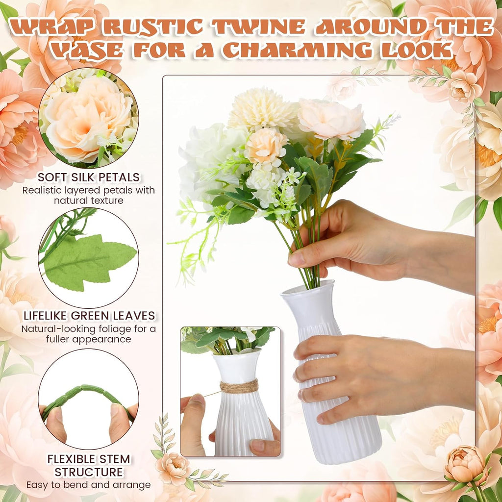 Set Artificial Hydrangea Peony Flowers with Vase, Champagne - Set of 12