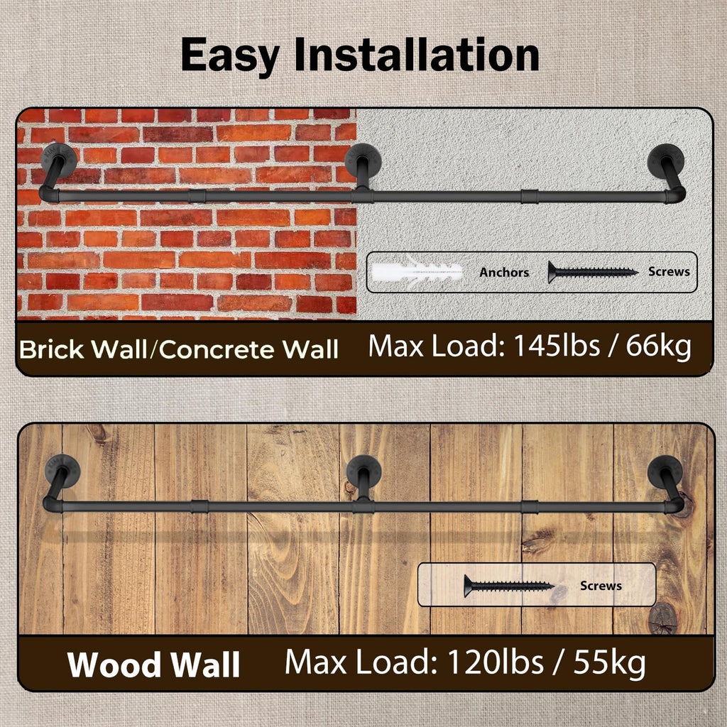 Wall Mounted Clothes Rack, 60in Industrial Pipe Clothing Rack for Hanging Clothes, Heavy Duty Garment Rack Wall