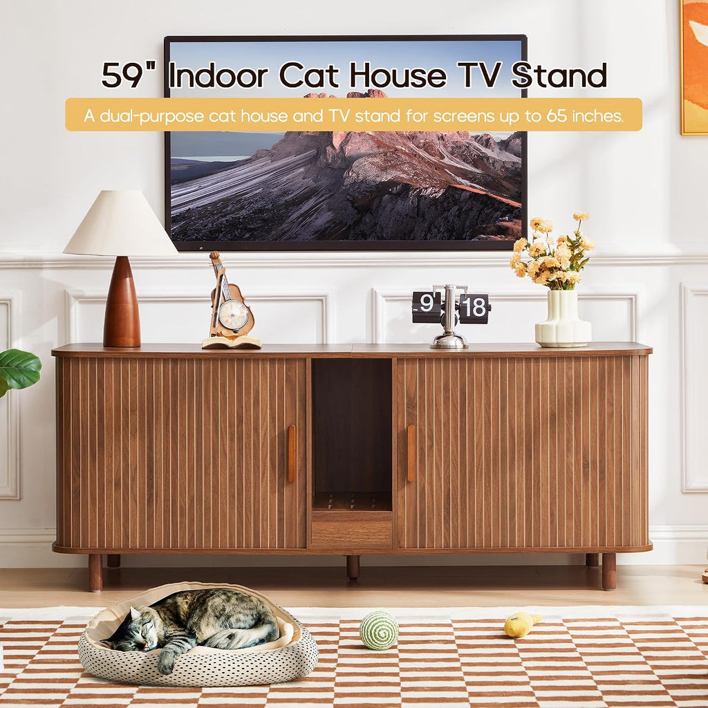 59" Wooden Hidden Double Cat Litter Box Enclosure Furniture