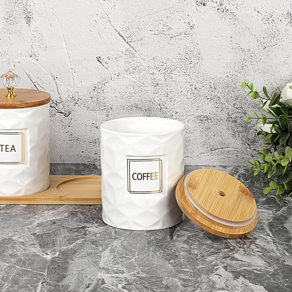 Ceramic Coffee Sugar Tea Canister Set with Lid and Tray - Set of 3