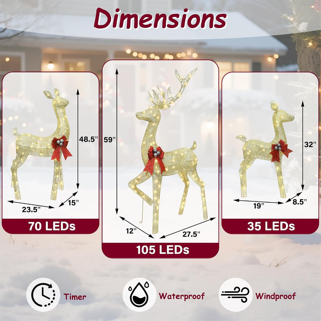 Outdoor Reindeer Christmas Decorations Yard Lighted Deer Set of 3